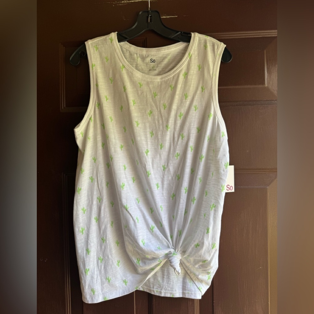 SO White Sleeveless White Top with Cactuses Knot on bottom and a Size Large